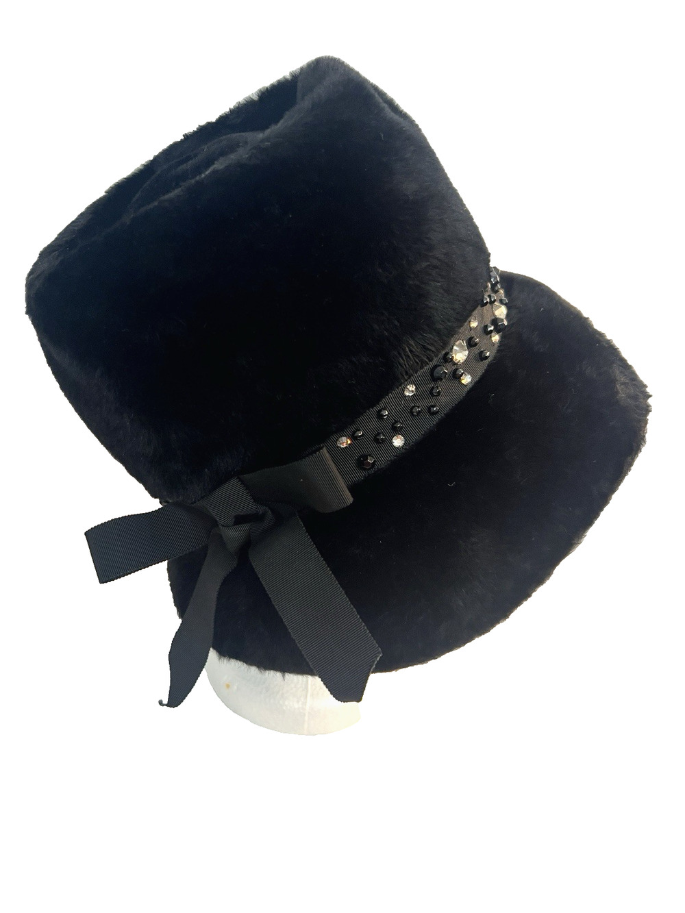 MILADY Hat 1960's Black Faux Fur w/ Rhinestones & Beads England United Kingdom